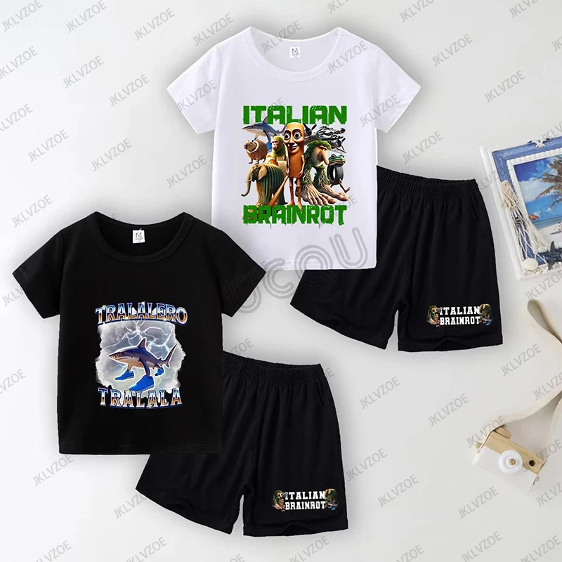

Italian Brainrot Tralalero Tralala Funny Shark Meme Graphic Cotton T-shirt+Shorts Suit Summer Casual Kids Clothes 2 Piece Set