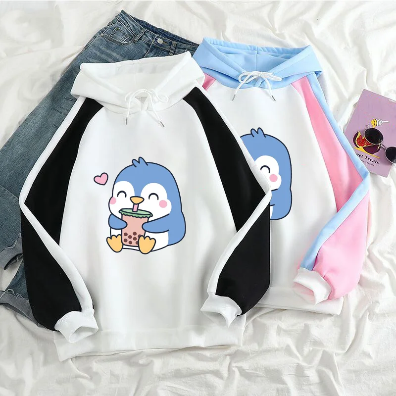 New Cute Cartoon Penguin Pattern Printed Hoodie Fashion Color Blocking Padded Sweatshirt Outdoor Cute Hoodie Top