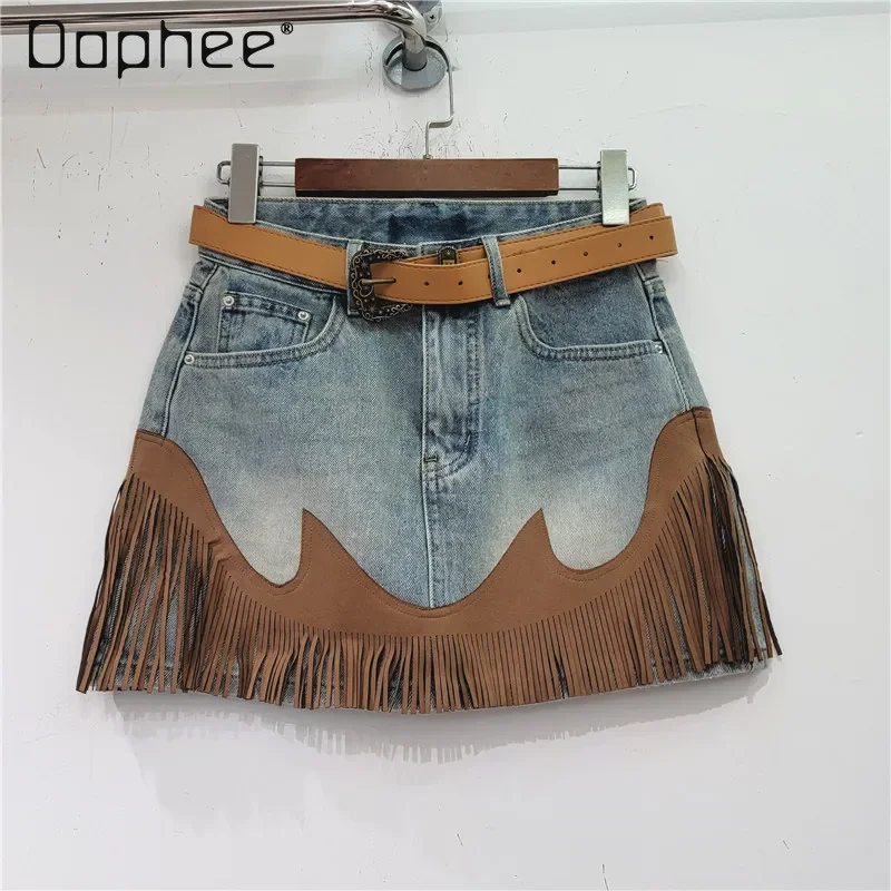 

Retro Tassels Denim Skirt Women 2024 Summer New Fashion Patchwork High Waist A Line Jeans Mini Skirt Streetwear Casual