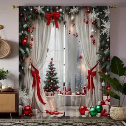 2pcs Christmas Print Curtains Soft Microfiber Rod Pocket Design for Easy Hanging Perfect Curtain for Living Room & Bedroom Decor