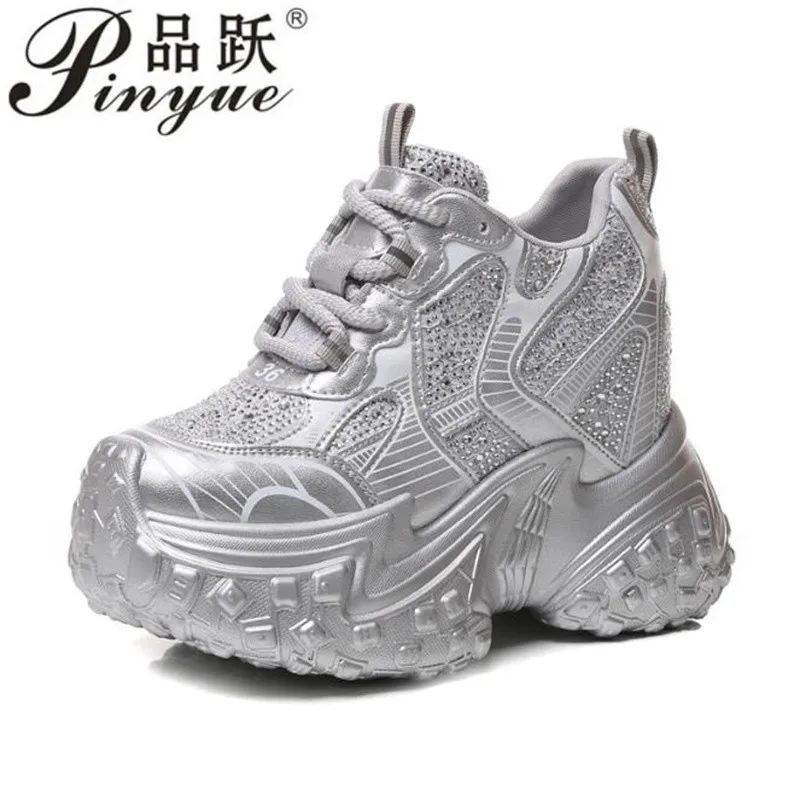 10cm Air Mesh Genuine Leather Chunky Sneaker Ladies Fashion Ankle Boots Bling Women Comfy Rhineston Spring Autum Vulcanize Shoes