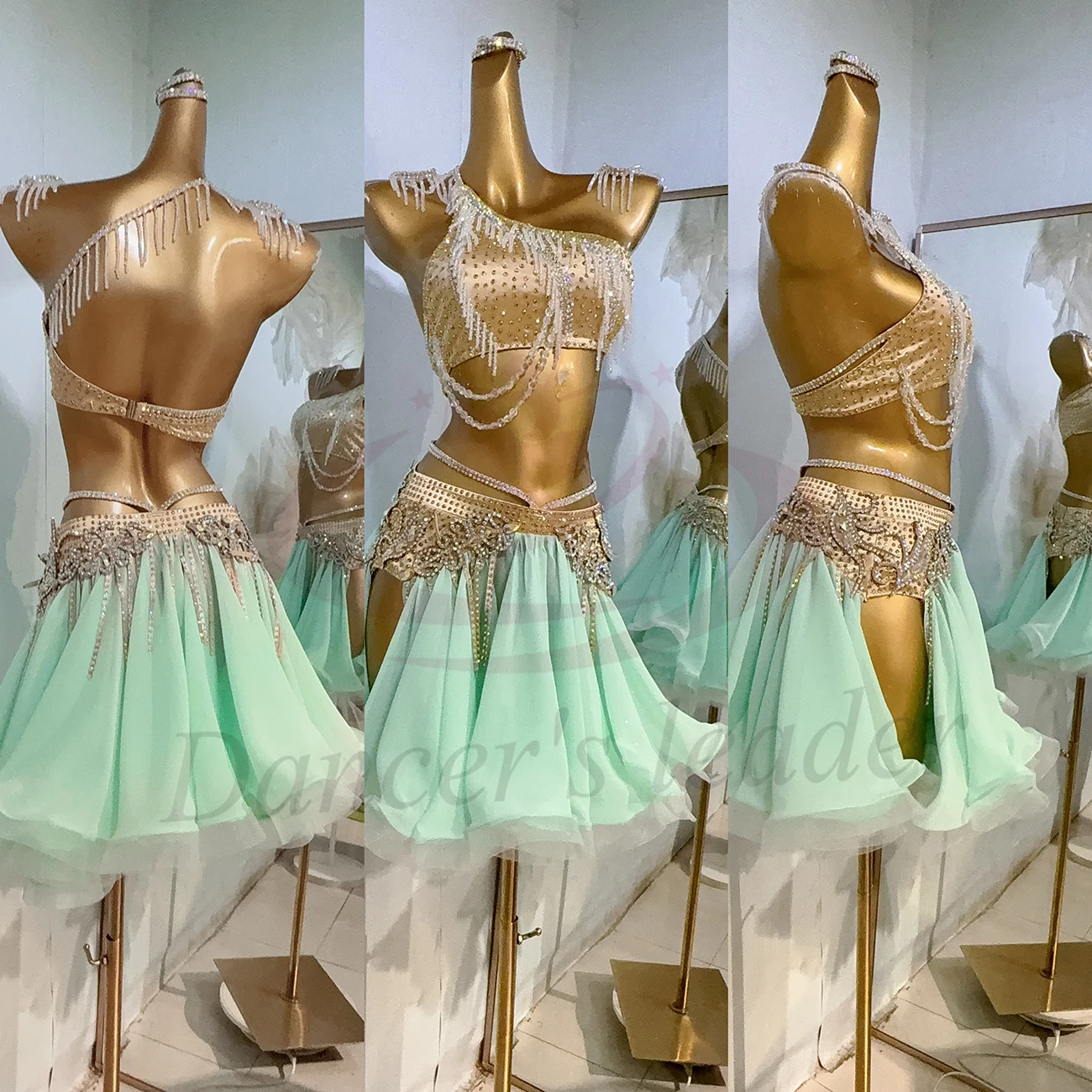 Latin Dance Competition Women's High end Customized Crystal Jewelry Split Mesh Skirt Samba Performance Water Diamond Dress