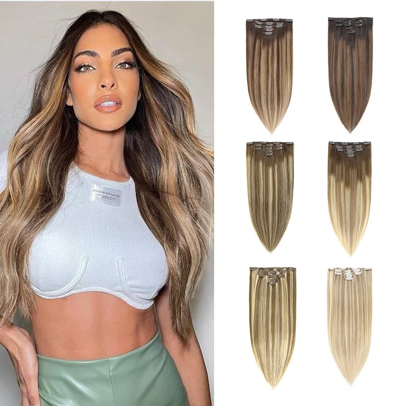 كليب في الشعر البشري أومبير الذهبي شقراء Balayage آلة غير مرئية ريمي مستقيم الطبيعية كليب على الشعر 75G-85G 5 قطعة/المجموعة #1