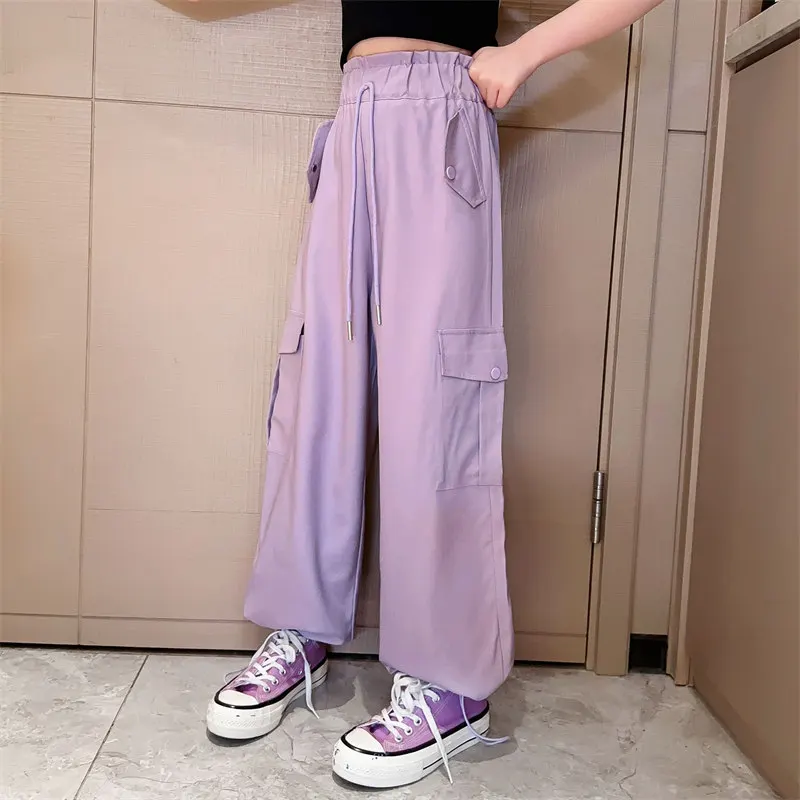 Fashion Teenage Girl Cargo Pants Summer Thin Pink Purple Khaki Child Trousers Casual Pants Children Sweatpants 10 12 14Years Old