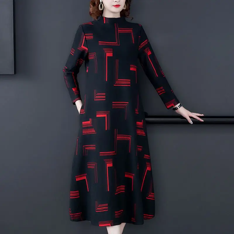 Women's Autumn Winter Fashion Simple Half High Neck Geometric 3D Versatile Long Sleeved Loose Plush Thickened Mid Length Dress