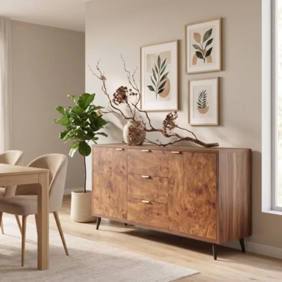 Dining room, entryway, living room buffet cabinet with drawers and shelves; walnut wood; brown; spacious 51.2 in storage capaci