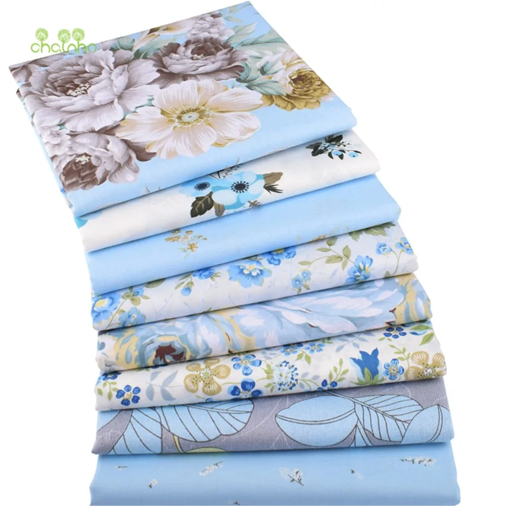 Chainho,Printed Twill Weave Cotton Fabric,Patchwork Cloth,DIY Sewing Quilting Material,Blue Floral Series,8 Designs,2 Sizes,QC39