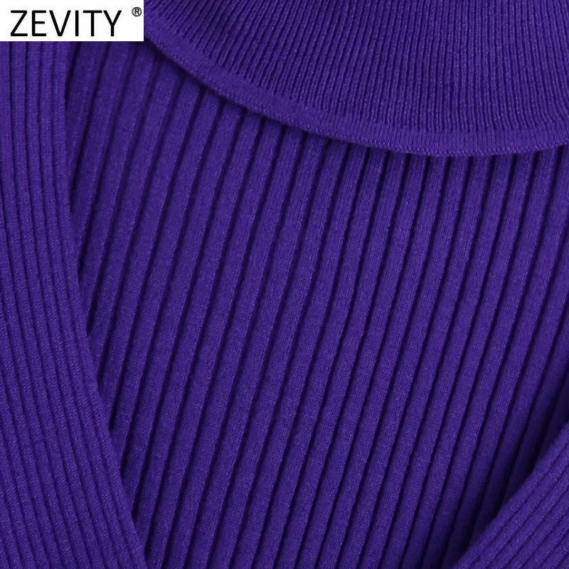 Zevity New Women Sexy Stand Collar Hollow Out Cross Design Short Knitted Sweater Lady Chic Long Sleeve Pullover Crop Tops SW1071