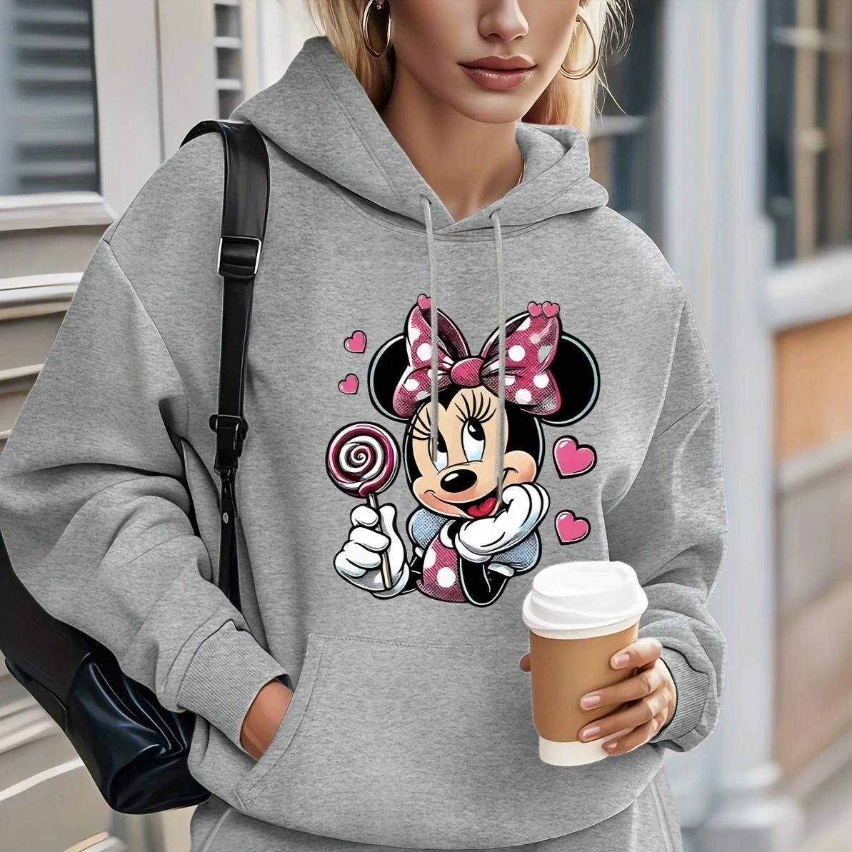 女性のディズニーかわいいミニーラブハートフリースパーカーコットンパーカースウェットシャツプルオーバー秋冬オーバーサイズ長袖トップ