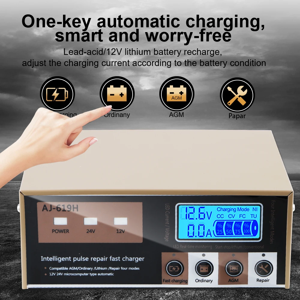 Smart Car Battery Charger Intelligent LED Display 12V 24V 260W High Power Pulse Repair Battery Charging For Motorcycle SUV Truck