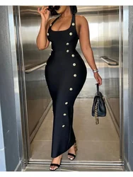 Summer Sexy Dress Women's Halter Sleeveless Buttoned Maxi Bodycon Dress Elegant Evening Party Dress 2025 New Laides Vestidos