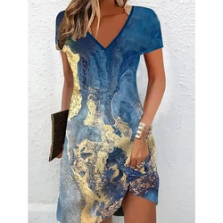 Women Short Sleeve V-Neck A-Line Dress Marble Pattern 3D Print Dress 2023 New Oversizd Casual Elegant Female Mini Dress Vestidos