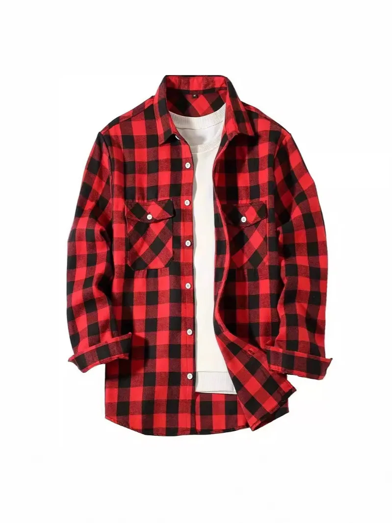 Casual Plaid Color Summer Men's Long Sleeve Shirt Printed Lapel Shirt Men and Women Fashion Tee Long Sleeve Career Tops