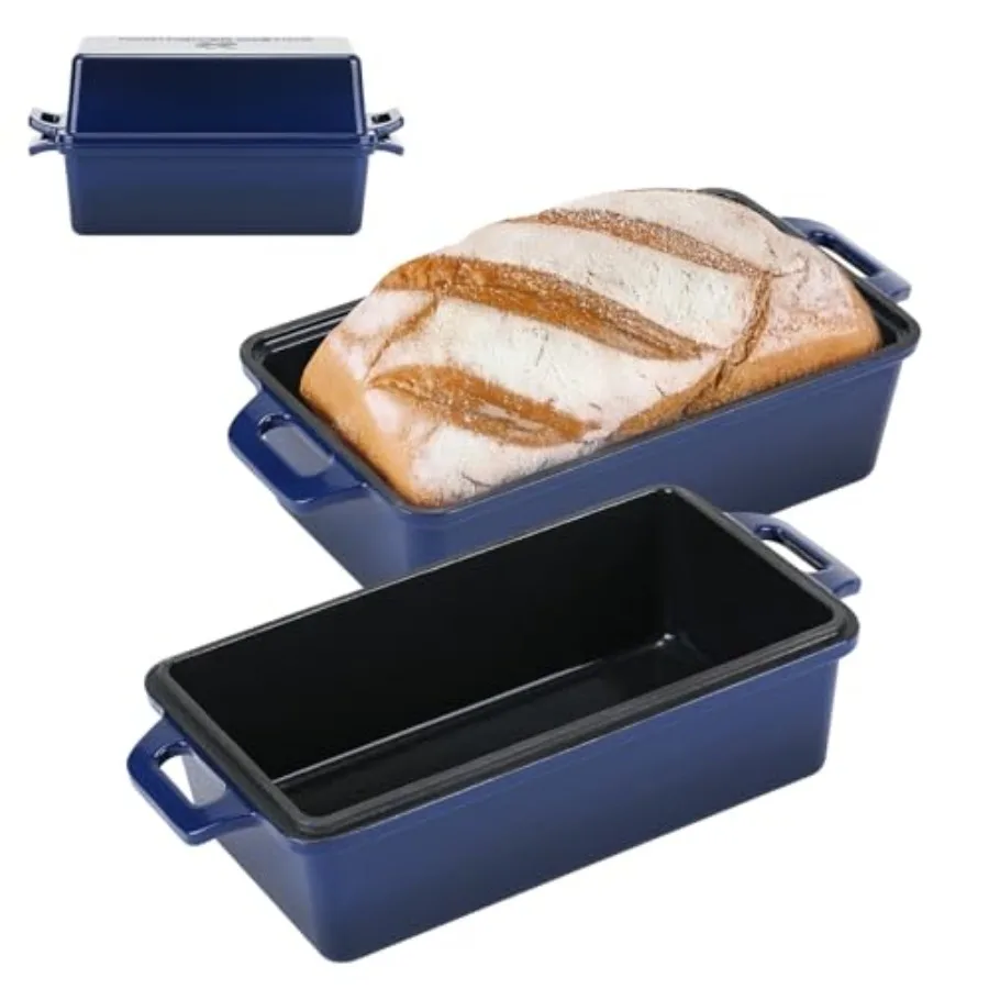 

2 in 1 Enameled Cast Iron Bread Pan with Lid Perfect Bread Oven Loaf Pans for Baking Homemade Sourdough Bread 9x5 2 Piece set N