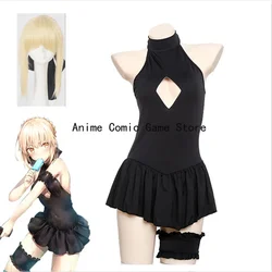 In Stock Anime FGO Sexy Alter Saber Cosplay Costume Wig Fate Grand Order Swimsuit Women Fate Stay Niight Black Sukumizu Swimwear