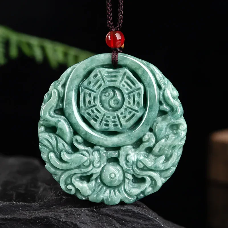 Natural A-grade Jade Bean Seed Hollow Double Dragon Tai Chi Bagua Ancient Brand Jade Pendant for Men and Women