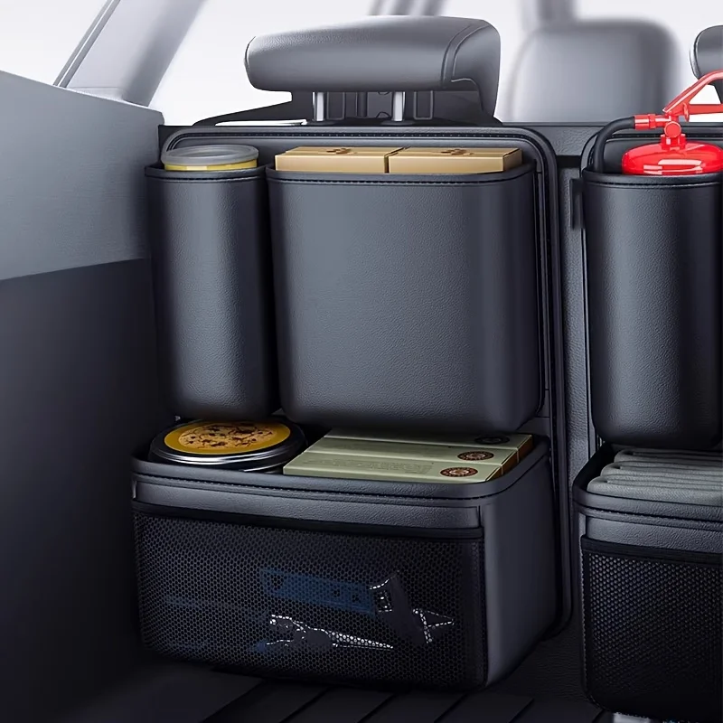 1PC SUV Car Trunk Seat Back Organizer, PU Leather Storage Bag with Mesh Pocket, Large Capacity Car Accessories