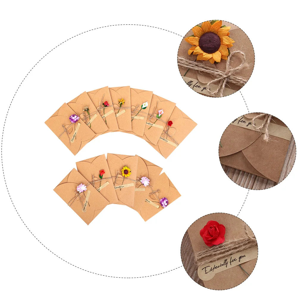 

12 Retro Cards Set Greeting Cards With Envelopes Brown Artificial Flowers Envelopes Included Handmade Printing Products