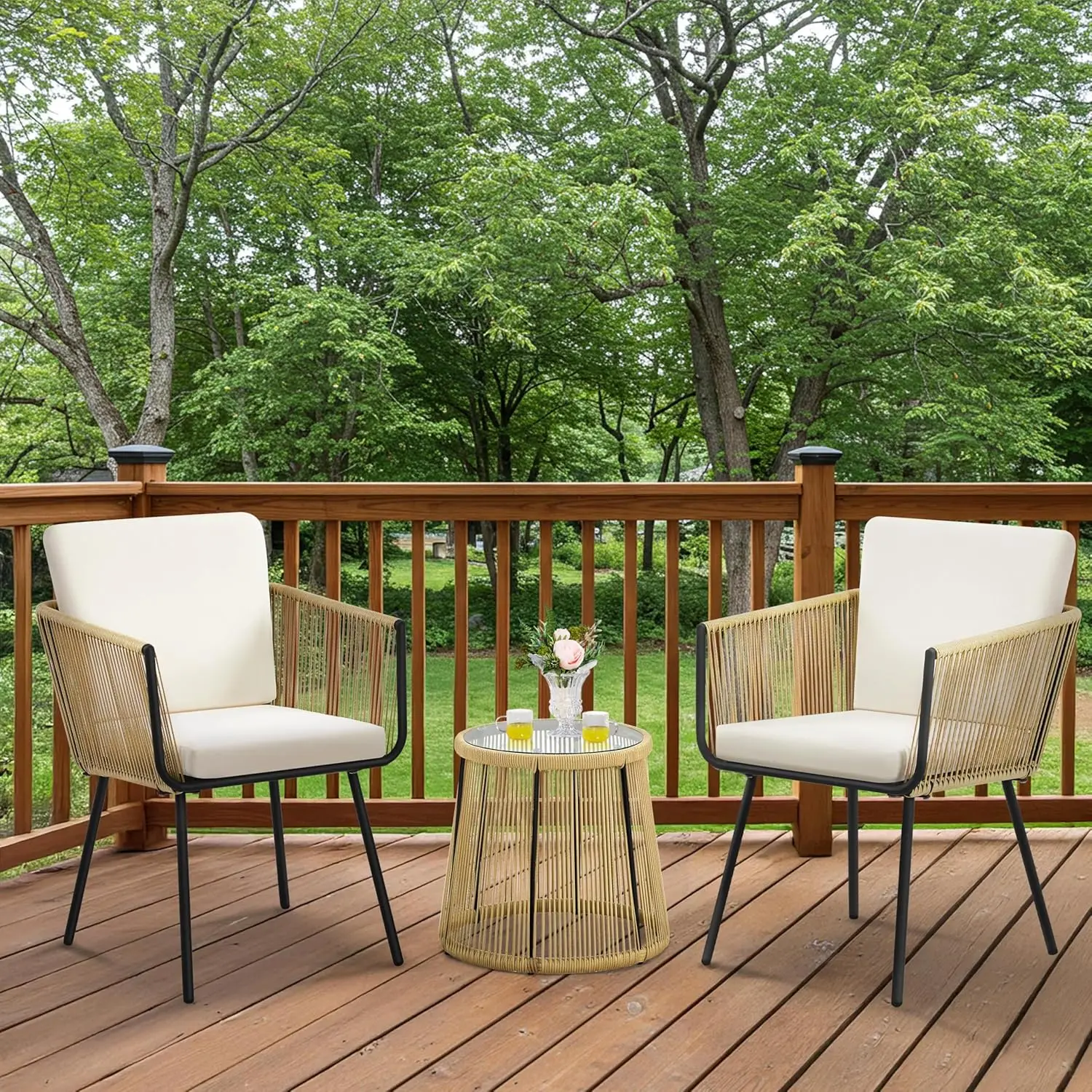3 Piece Patio Rattan Bistro Set Outdoor All Weather PE Wicker Conversation Furniture Set with 2 Chairs Tempered Glass Top Table