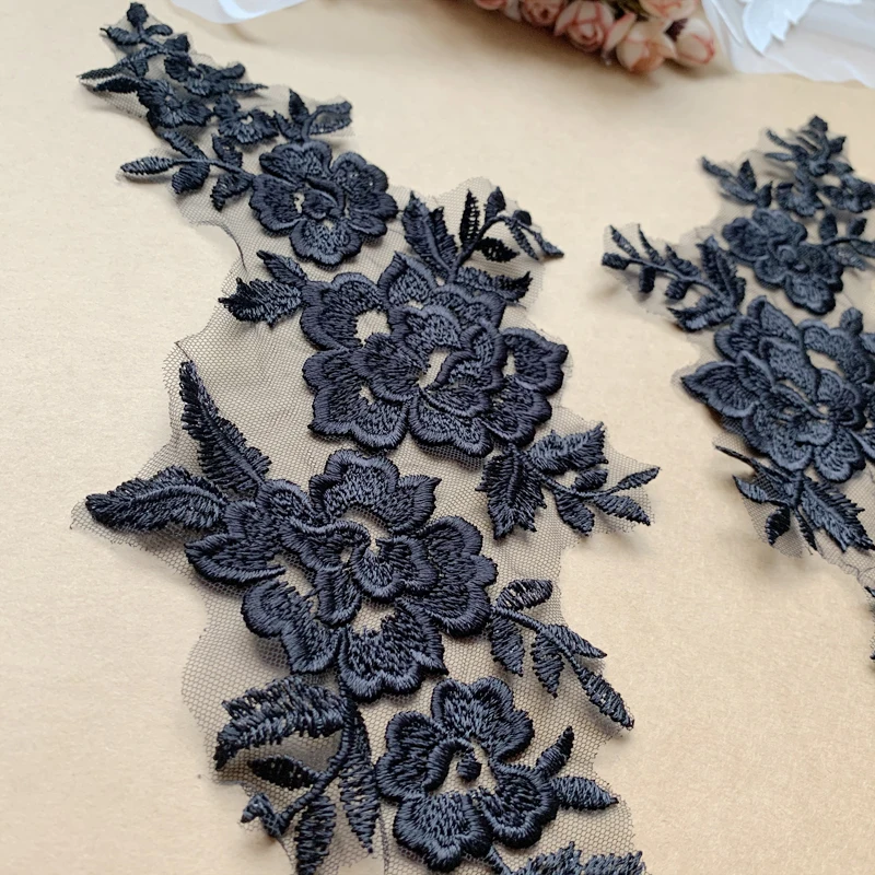 Schwarze Matte Stickerei-Spitze, Handgemachte Blume, DIY Hochzeits-Applikationsmaterial, Spiegelblume – Detail 6