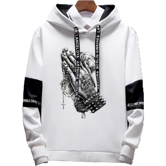 

Men Faith Cross Jesus Print Pullover Hoodies Man Splicing Designer Casual Sweatshirts Fashion Long Sleeve Sport Tops for Male