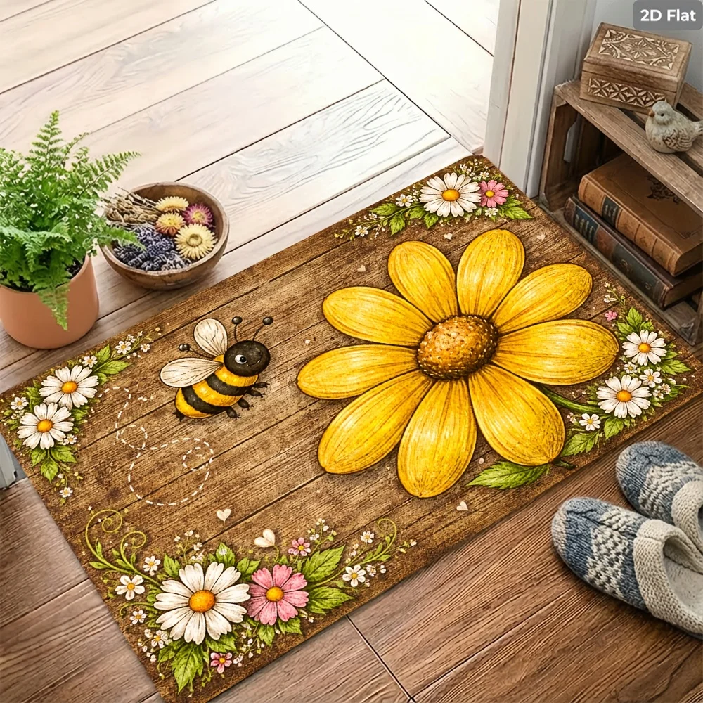 Decorative Sunflower Floral Bee Doormat Rug Cottagecore Style Welcome Mat for Entrance Door Indoor Outdoor Rustic Nature Runner