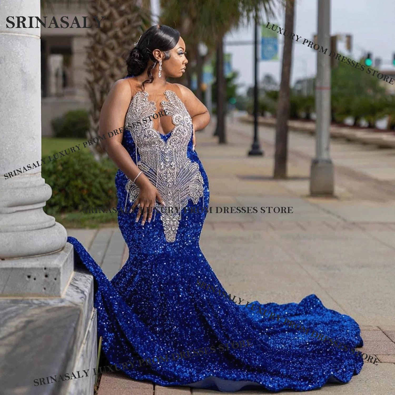 Squisiti abiti da ballo a sirena africana Aso Ebi con cristalli di diamanti Abito da sera lungo con paillettes Abito da cerimonia nuziale glitterato per ragazza nera