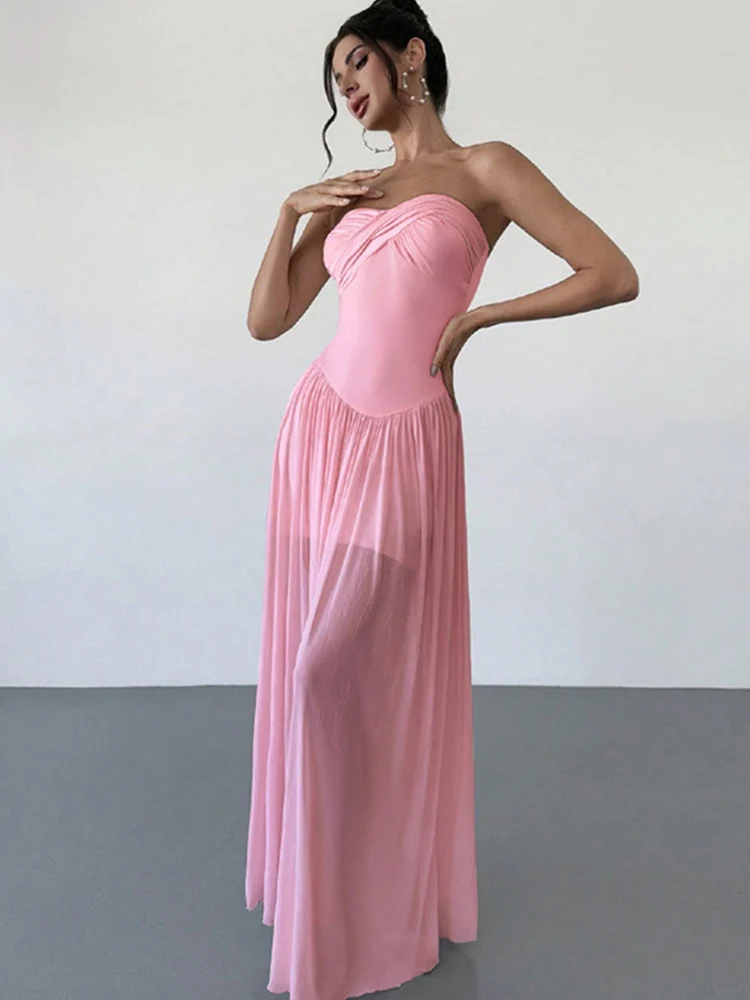ByeMyLove สีชมพู Off-Shoulder Tulle Maxi ชุด Strapless Elegant SHEER ตาข่ายชุดยาวสําหรับงานปาร์ตี้ชุดราตรียาวผอม