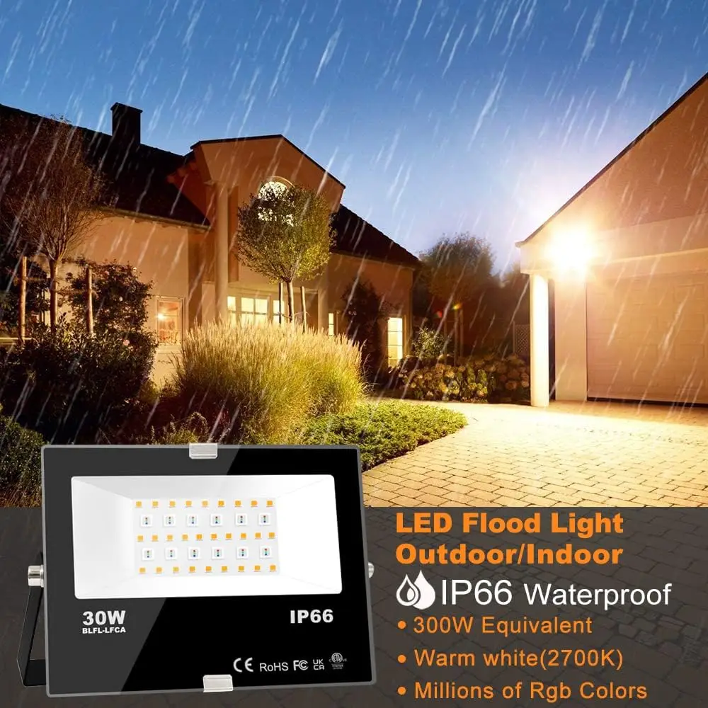 30W Smart RGB LED Flood Light, 3000LM, APP Control, IP66 Waterproof, US Plug (4 Pack)