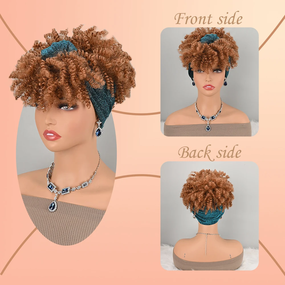 Golden Brown Curly Headband Wigs for Women Synthetic Full Wig With Glitter Teal Twist Headband Breathable Mesh Inner Cap Glue Free Easy Apply Wig for Daily Wear Party Costume Cosplay Synthetic Material