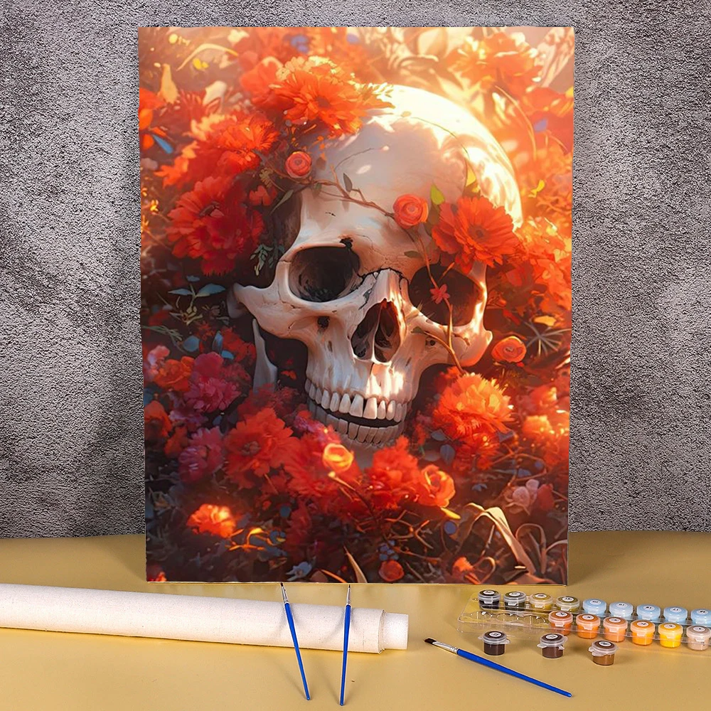 Pintura sin marco por números para adultos, Kits de flores de calavera, imagen Modular hecha a mano, regalo Diy para pared de salón, decoraciones para el hogar