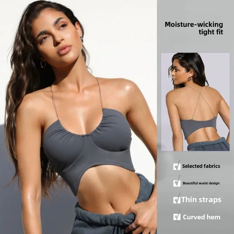 

Lightweight Fitness Clothing Shockproof Exercise Underwear Yoga Running Removable Bra Vest Solid Color Suspender Neck Top