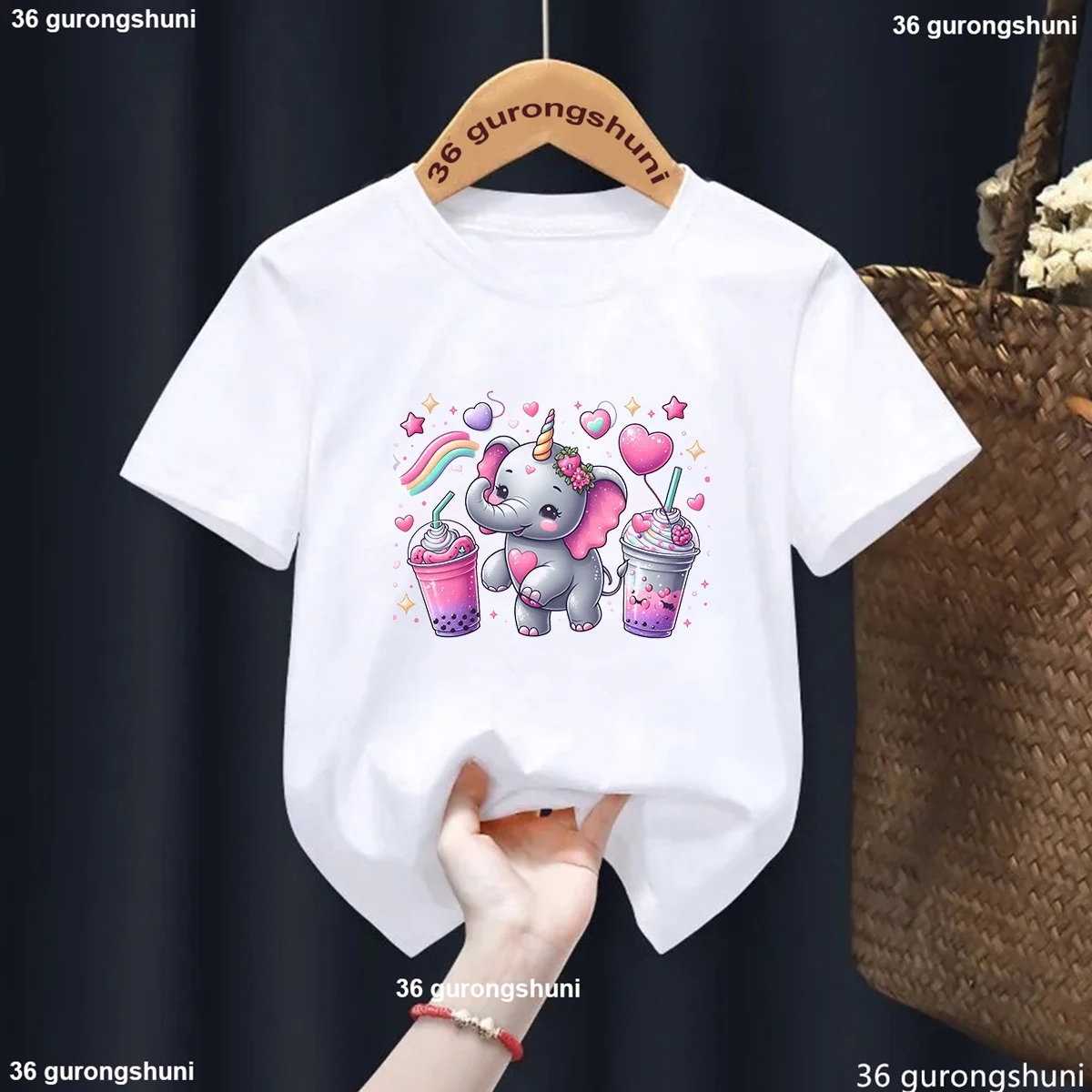 Unicorn Elephants Love To Eat Watermelon Printed Tshirt Girls/Boys Funny Kawaii Kids Clothes Summer Fashion Solid T-Shirt Tops