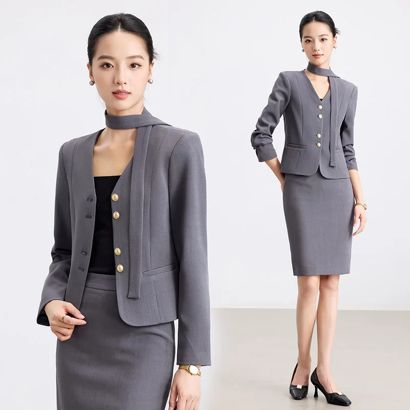 High-end women's suit dress for spring and autumn, elegant attire for jewelry store receptionists, professional clothing for the