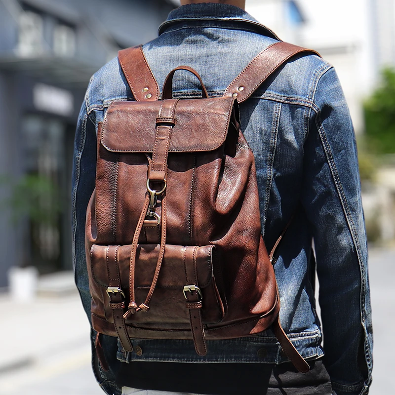 Vintage Genuine Leather Men's Backpack First Layer Cowhide Retro Large Capacity 14-15.6 Inch Laptop Bag Computer Backpack Travel