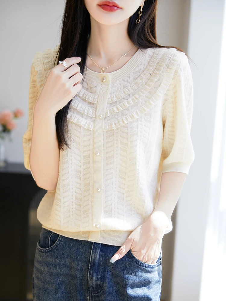 Primavera Estate New Sle T-shirt ort Sve lavorata a maglia leggera e traspirante da donna Design scavato rotondo Ne Casual Pendolarismo Fas...