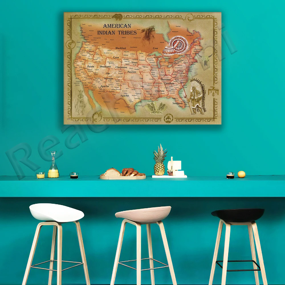 American Indian Tribes Map Poster, Native American Wall Art, Vintage Map Decoration, Historical Map Art Print, American History