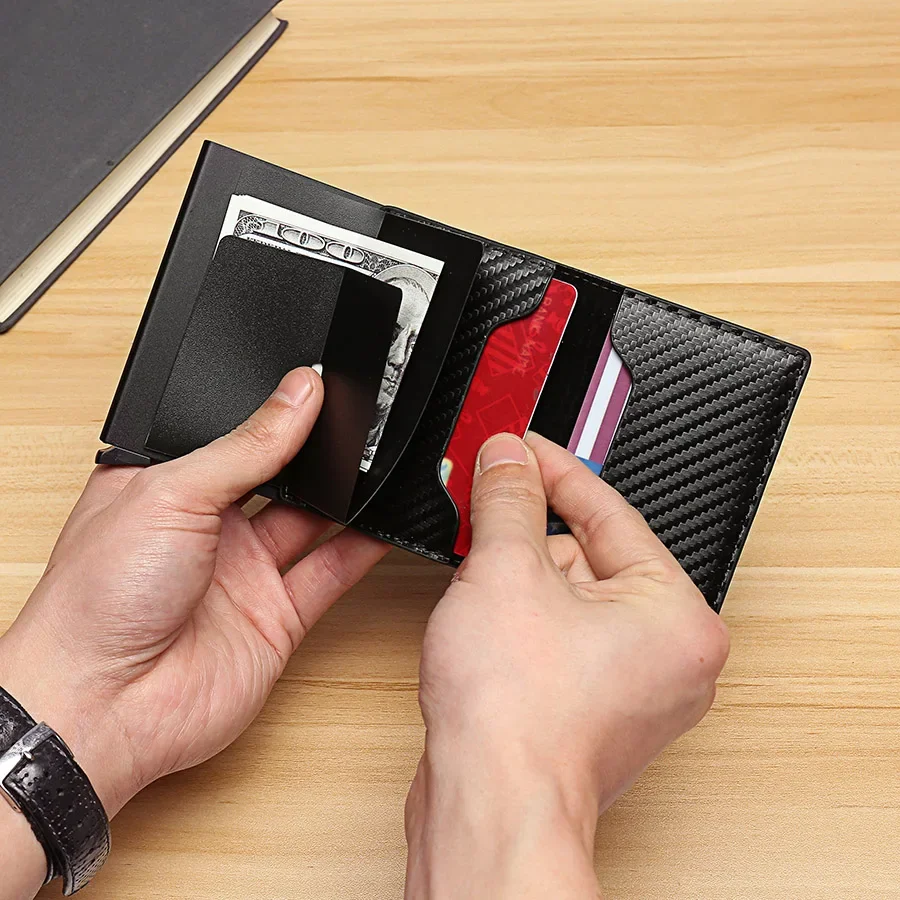 Carbon Fiber Slim Aluminum Men Wallet ID Credit Card Holder Mini RFID Wallet Automatic Pop up Bank Card Case Black Vallet 2024