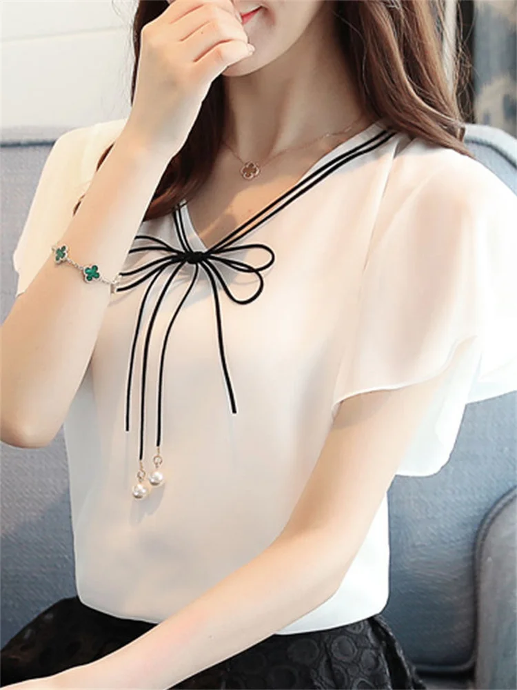 Women Spring Summer Style Chiffon Blouses Shirts Lady Casual Short Flare Sleeve O-Neck Chiffon Blusas Tops DF3128