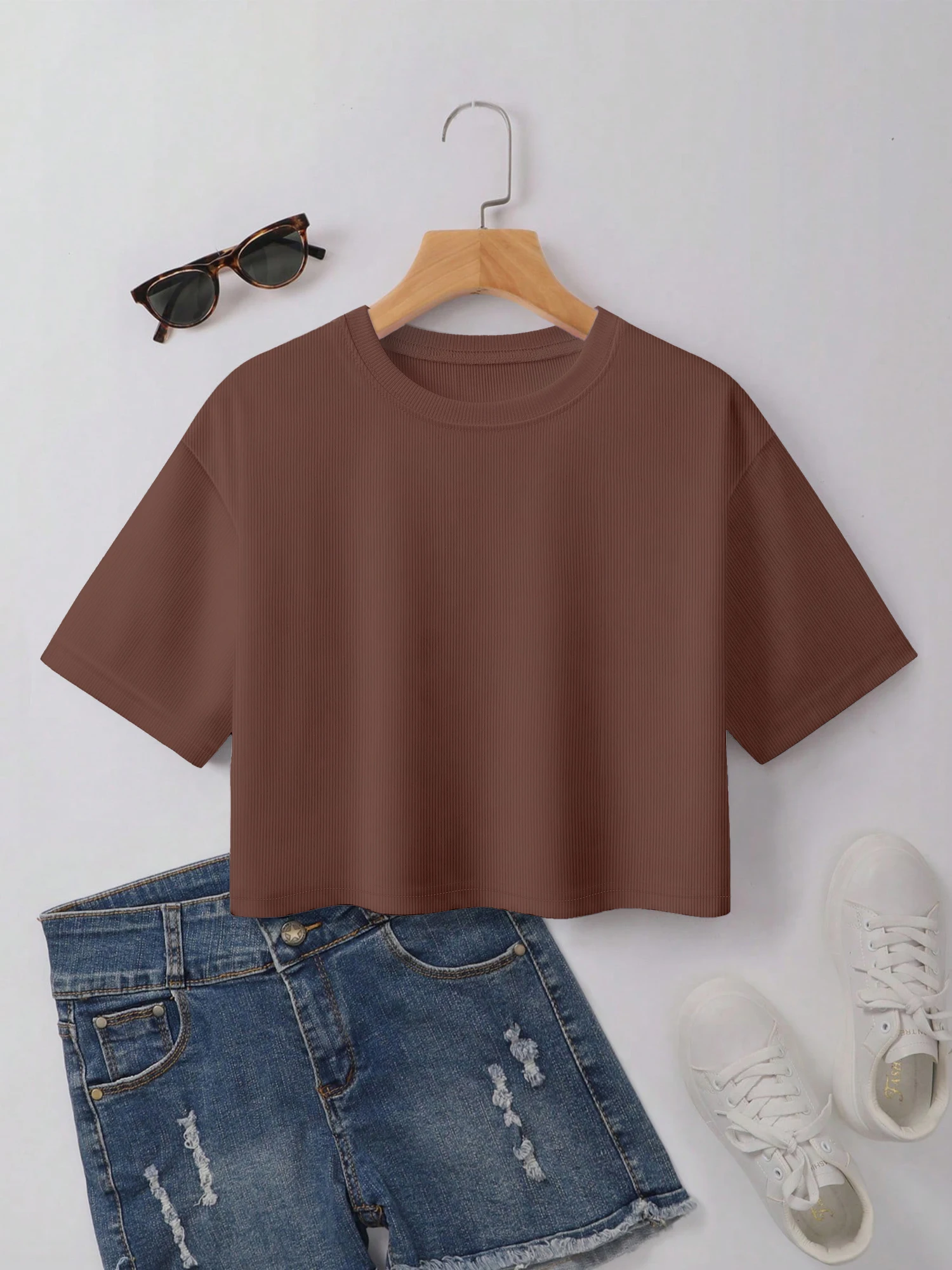 Camiseta de manga corta con cuello redondo para mujer, Tops holgados informales de manga media, Color sólido, ropa de moda, novedad de verano