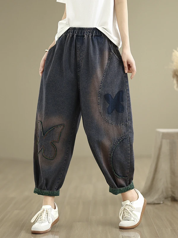 

Summer New Women's Loose Large Size Patchwork Denim Jeans Hemming Vintage Sle Nine Points Harlan Pants Slimming Effect