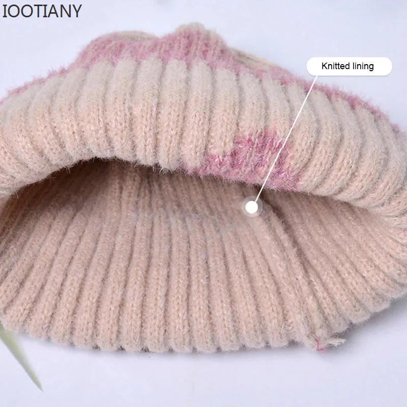 2023 Winter Hat Mask Scarf Two-piece Set Fashion Women Knitted Hat Scarf Caps Neck Warmer Skull Cap Thicken Fur Lined Lady Girls