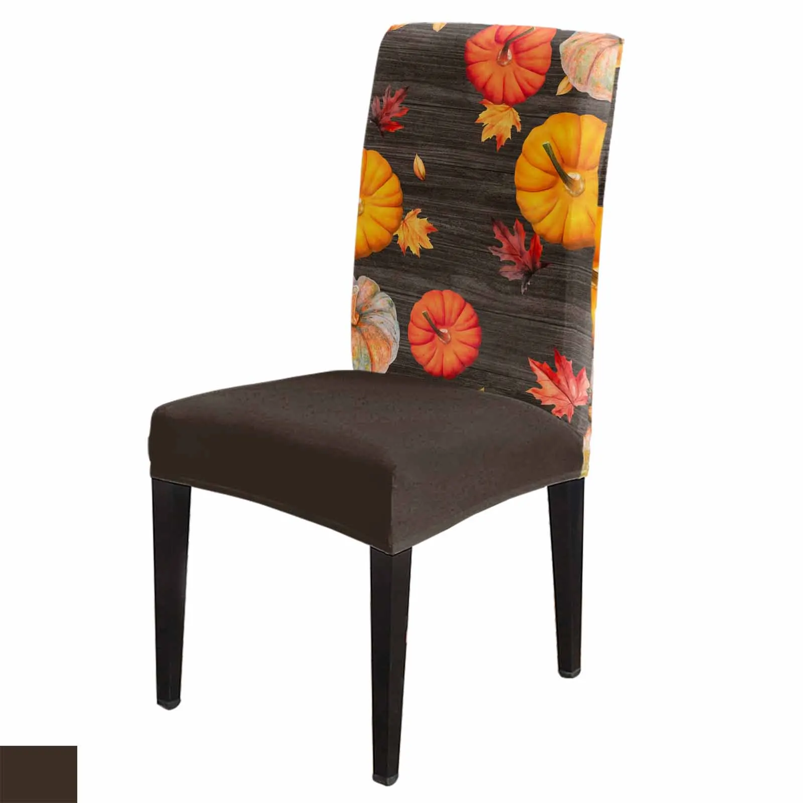 Autumn Pumpkin Maple Leaf Wood Grain Chair Cover for Dining Room Spandex Stretch Seat Cover for Wedding Banquet Party Seat Case