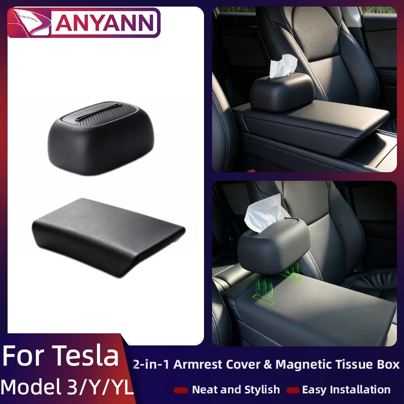 For Tesla Model 3 Highland/Y Juniper/YL 2026+ 2 in 1 Armrest Cover & Magnetic Tissue Box All Season Interior Accessories