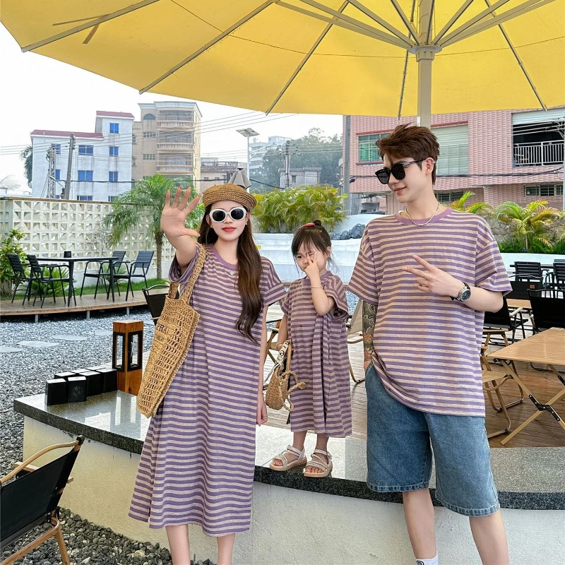 

Family Matching Outfits Vacation Style 2025 Summer Boys Striped Tshirt Shorts Set And Mother Daughter Purple Striped Dresses