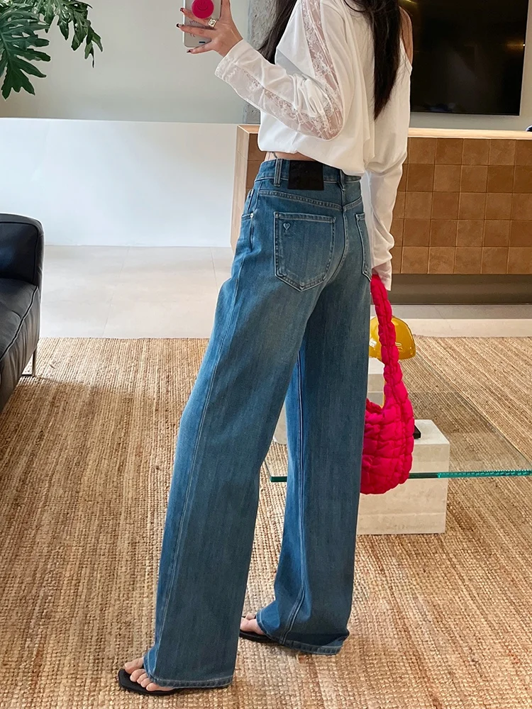 

High Waist Straight Leg Denim Jeans Women's Spring 2026 Heart Pattern Slim Fit Wide Leg Pants Blue Elastic Floor Length