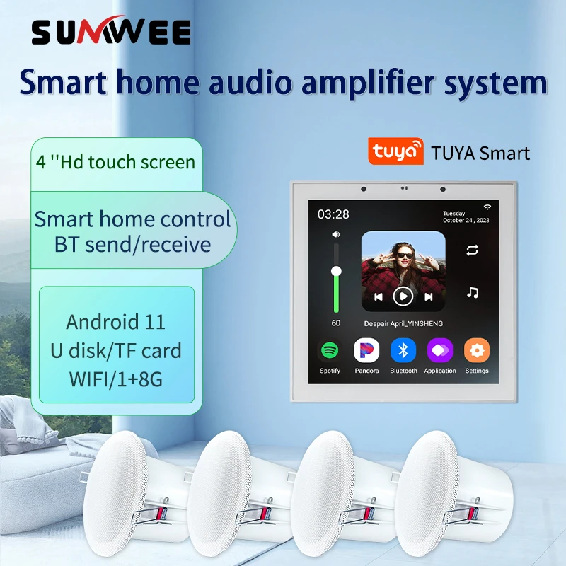 Smart Home Touch Screen 4 Inch Android 11 bluetooth audio in Wall Amplifier Alexa Voice Control Background Music Ceiling Speaker