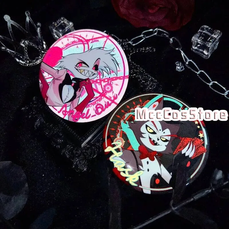 Hazbin Hotel Alastor Vox Lucifer Angel Dust Adam 75Mm Double Flash Badge Anime Postcard Cartoon Brooch Bag Decor Gift Cosplay view 4