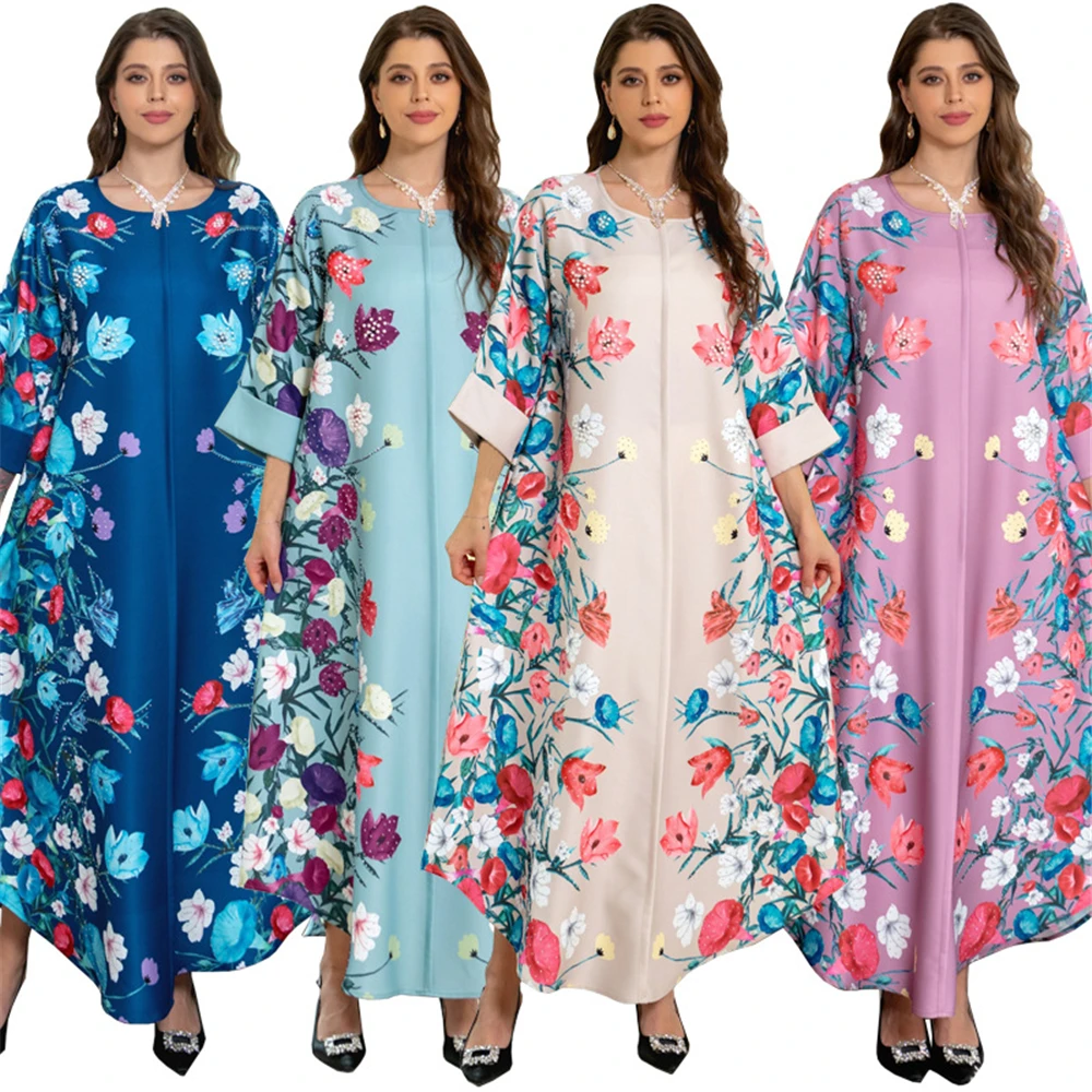 

Morocco Eid Mubarak Abayas Muslim Women Floral Printed Maxi Dress Turkey Arab Robe Islamic Ramadan Kaftan Party Jalabiya Caftan