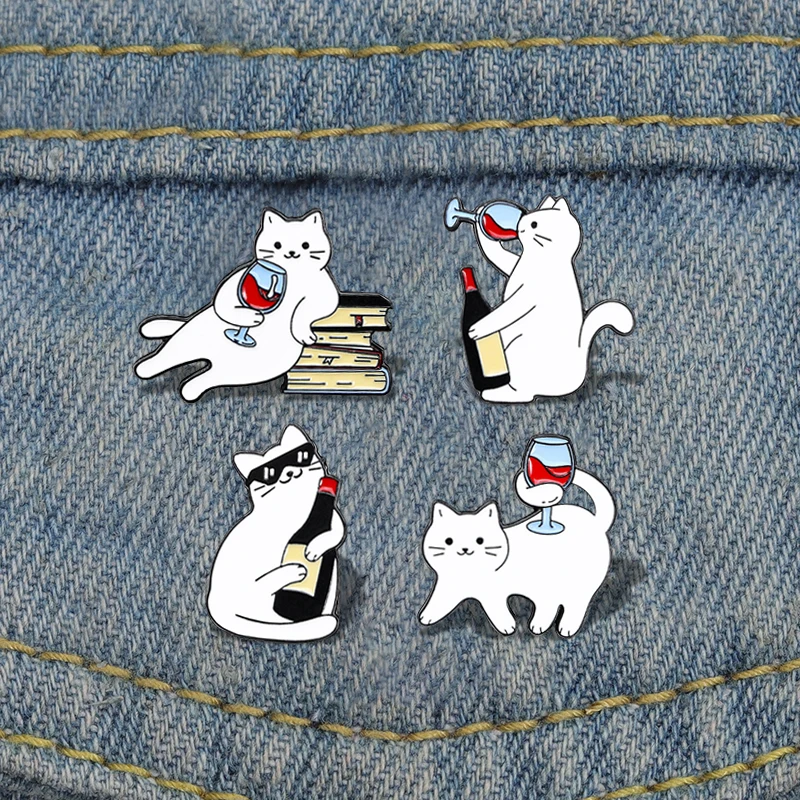 Cartoon white cat brooch, cat red wine, cute backpack, accessories, clothing decorations, zinc alloy badge